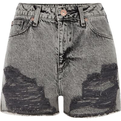 Grey acid wash ripped denim shorts